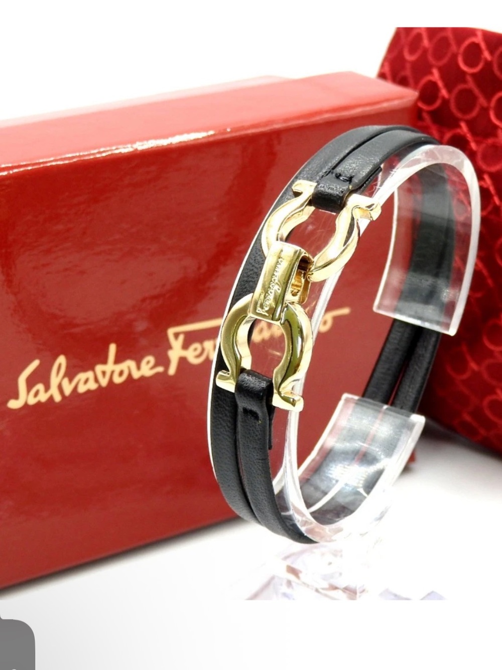 Salvatore Ferragamo UNISEX Double-Strap Bracelet w/ Gold Gancini Like New in Box - Picture 8 of 8